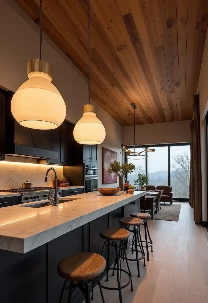 29 Open Concept Kitchen and Living Room Ideas That Flow Beautifully - 11. Statement Lighting Fixtures