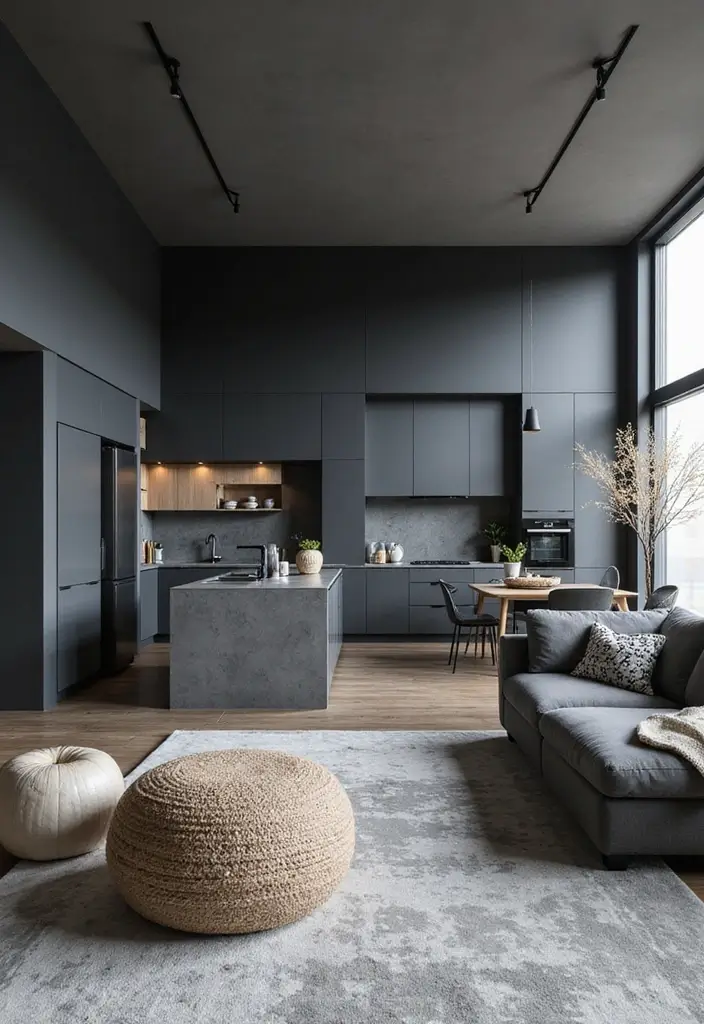 29 Open Concept Kitchen and Living Room Ideas That Flow Beautifully - 14. Minimalist Monochrome Palettes