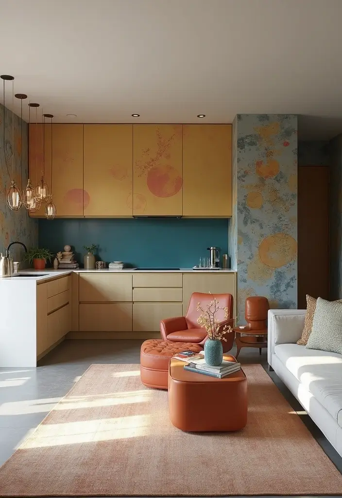 29 Open Concept Kitchen and Living Room Ideas That Flow Beautifully - 16. Artistic Wall Treatments