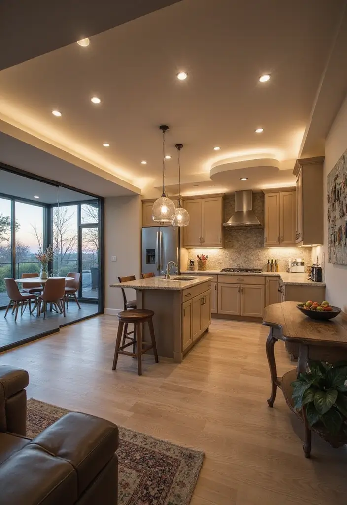 29 Open Concept Kitchen and Living Room Ideas That Flow Beautifully - 17. Layered Lighting Techniques