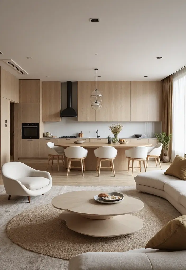 29 Open Concept Kitchen and Living Room Ideas That Flow Beautifully - 22. Soft Curved Lines