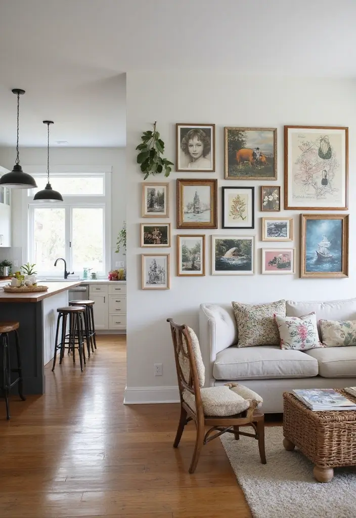 29 Open Concept Kitchen and Living Room Ideas That Flow Beautifully - 24. Personalized Gallery Walls