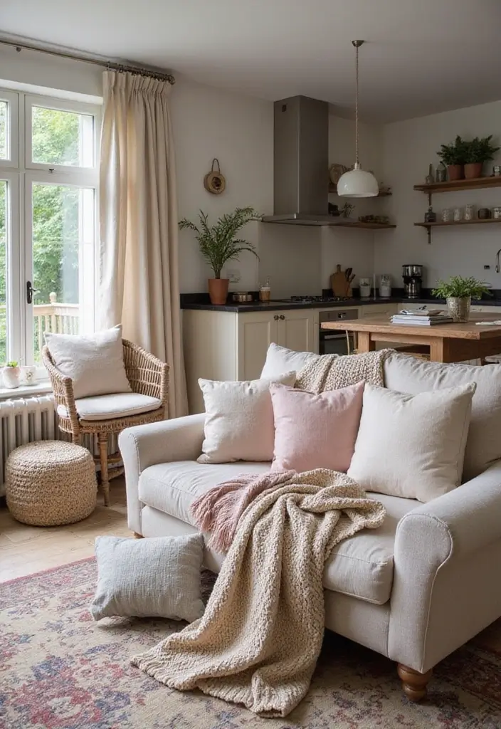 29 Open Concept Kitchen and Living Room Ideas That Flow Beautifully - 25. Stylish Textile Mixing