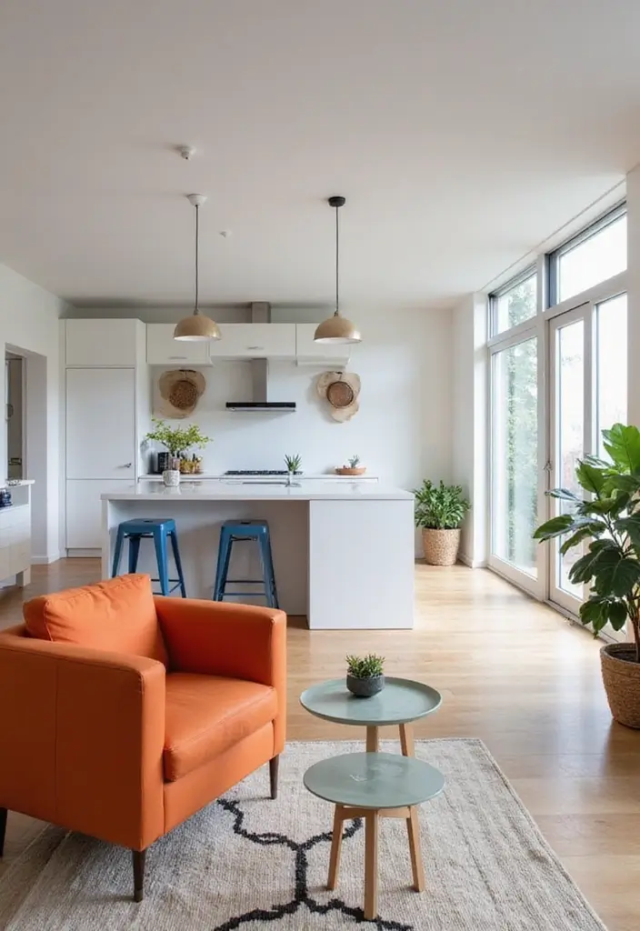 29 Open Concept Kitchen and Living Room Ideas That Flow Beautifully - 4. Bold Color Accents