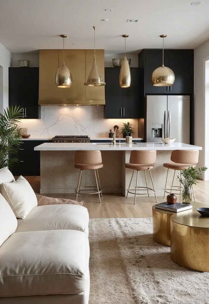 29 Open Concept Kitchen and Living Room Ideas That Flow Beautifully - 8. Luxe Metallic Touches