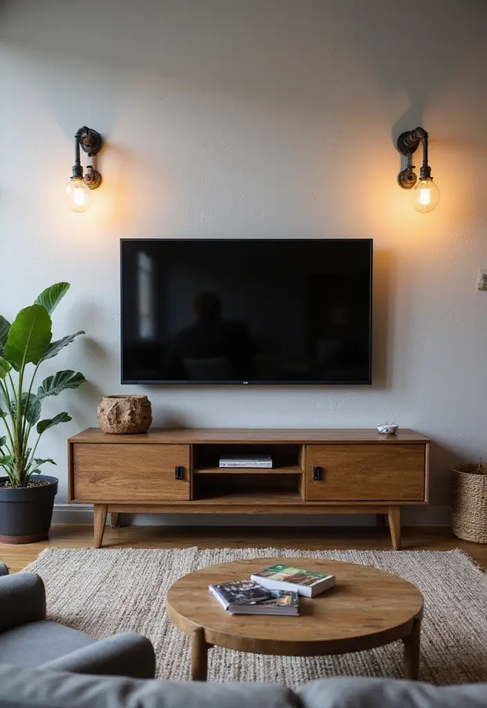 29 Sconces Living Room TV Ideas That Add Light and Sophistication - 10. Vintage Industrial Pipe Sconces