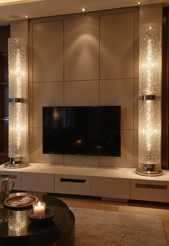 29 Sconces Living Room TV Ideas That Add Light and Sophistication - 11. Elegant Crystal Sconces