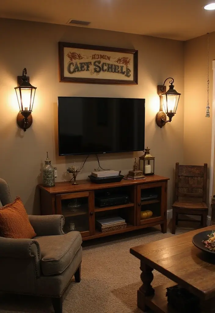 29 Sconces Living Room TV Ideas That Add Light and Sophistication - 12. Vintage Lantern Sconces
