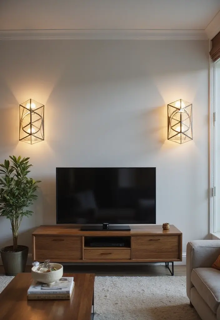 29 Sconces Living Room TV Ideas That Add Light and Sophistication - 13. Geometric Wall Sconces