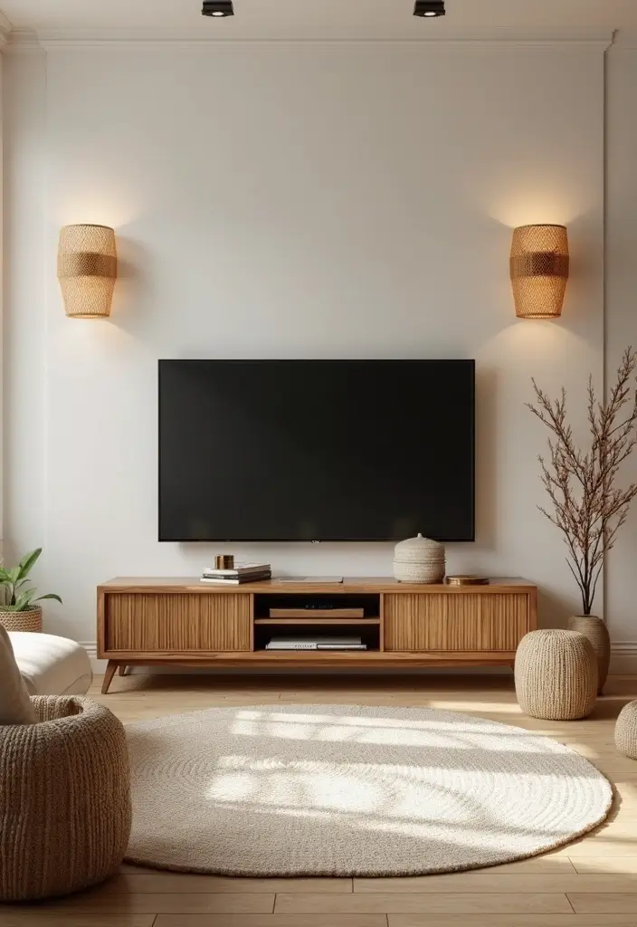 29 Sconces Living Room TV Ideas That Add Light and Sophistication - 17. Rattan Woven Sconces