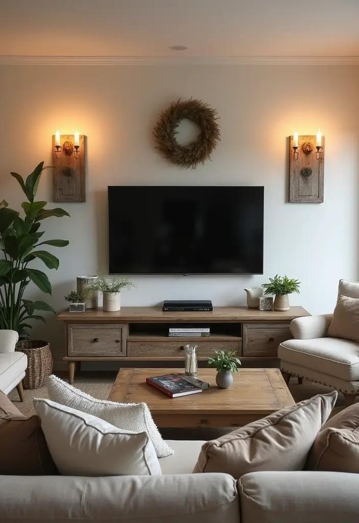 29 Sconces Living Room TV Ideas That Add Light and Sophistication - 2. Distressed Wood Sconces