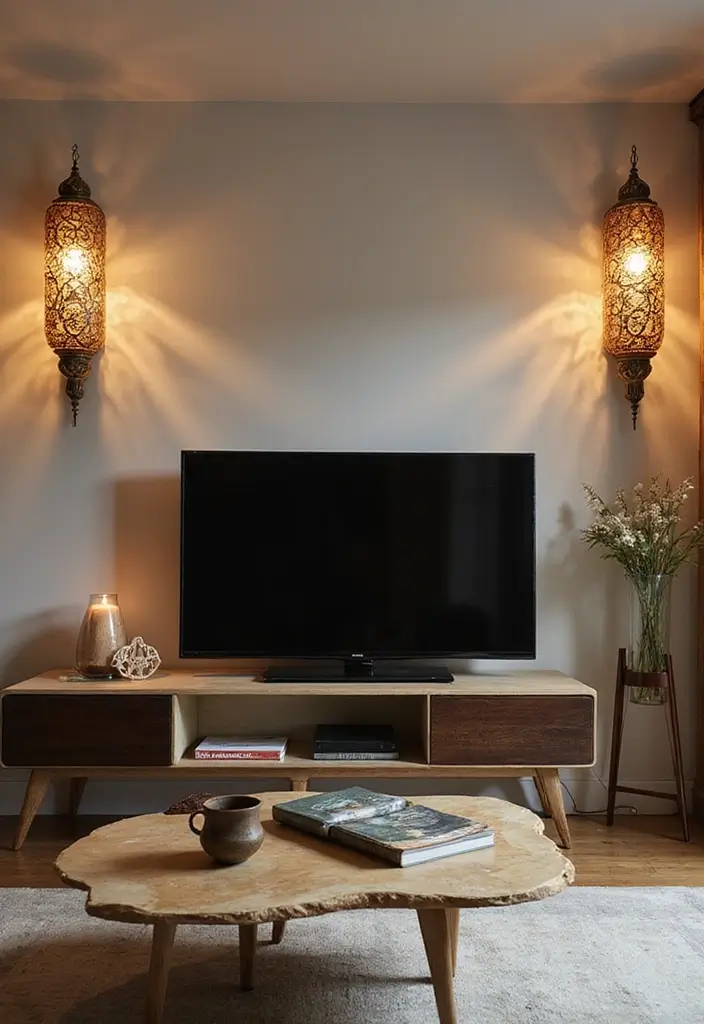 29 Sconces Living Room TV Ideas That Add Light and Sophistication - 22. Vintage Asian-Inspired Sconces