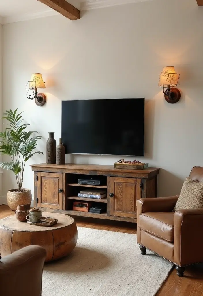 29 Sconces Living Room TV Ideas That Add Light and Sophistication - 24. Vintage Farmhouse Sconces