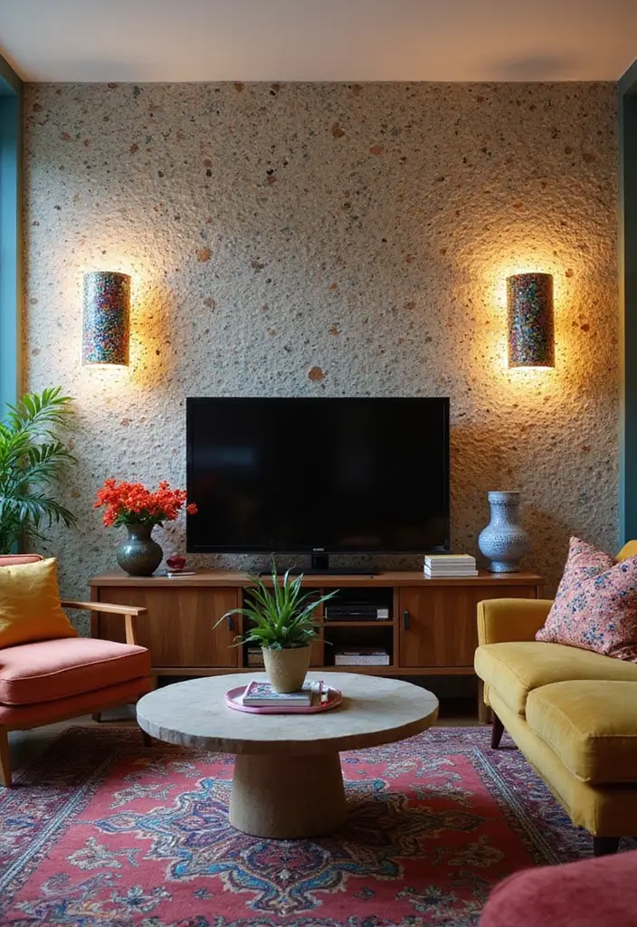 29 Sconces Living Room TV Ideas That Add Light and Sophistication - 28. Artistic Mosaic Sconces