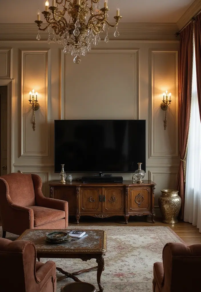 29 Sconces Living Room TV Ideas That Add Light and Sophistication - 29. Timeless Victorian Sconces