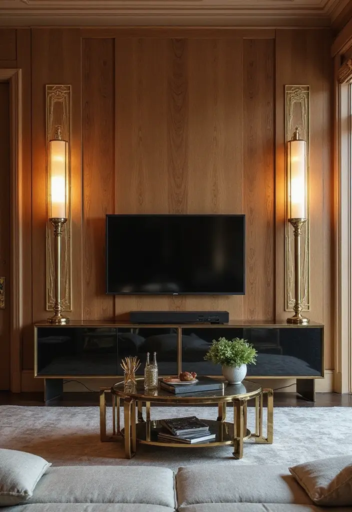 29 Sconces Living Room TV Ideas That Add Light and Sophistication - 3. Art Deco Glamour