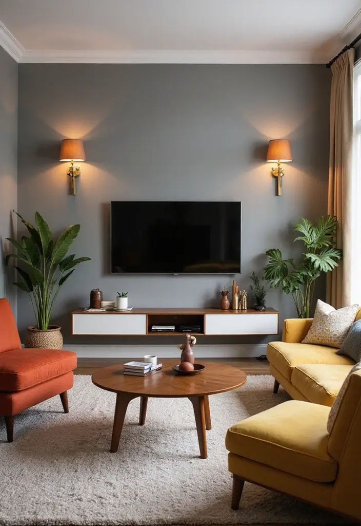 29 Sconces Living Room TV Ideas That Add Light and Sophistication - 5. Mid-Century Modern Aesthetics