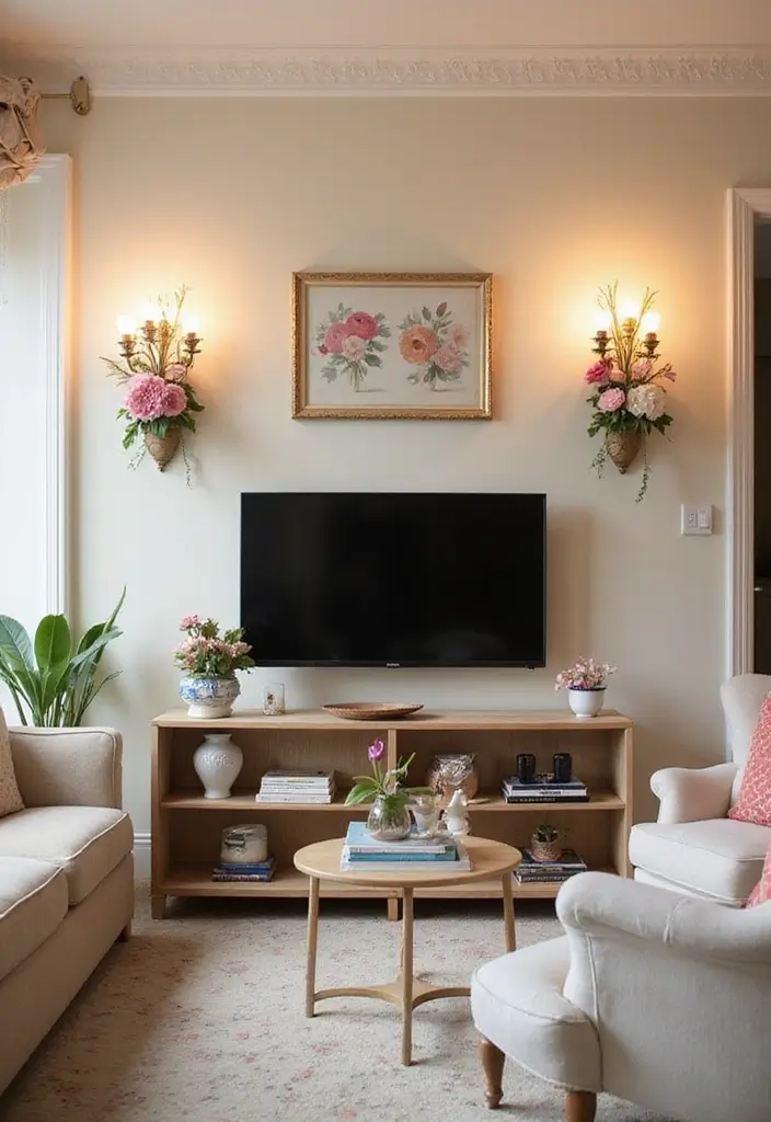 29 Sconces Living Room TV Ideas That Add Light and Sophistication - 6. Vintage Floral Designs