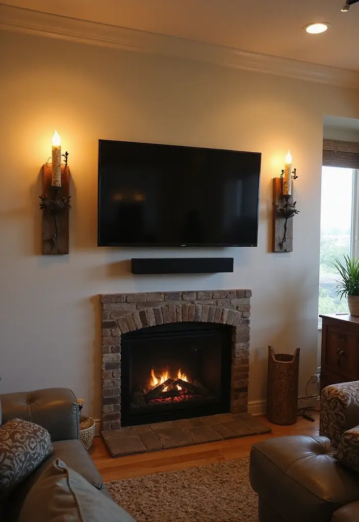 29 Sconces Living Room TV Ideas That Add Light and Sophistication - 9. Rustic Candle-Inspired Sconces
