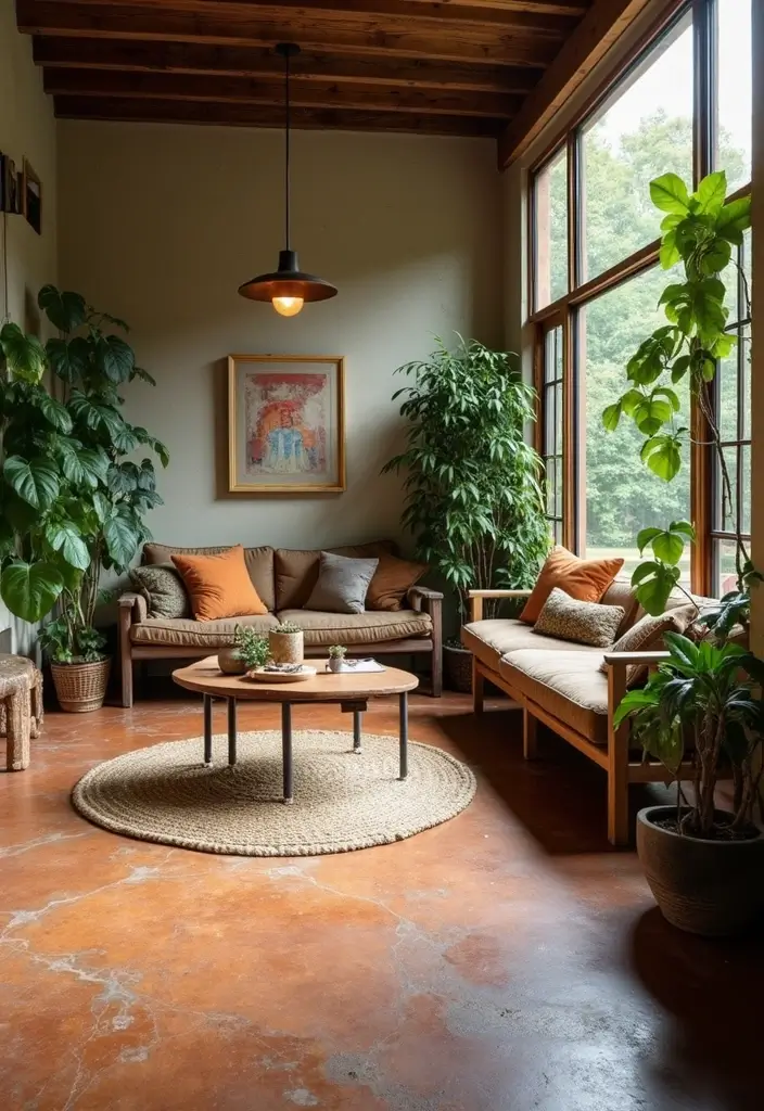 29 Stained Concrete Floors Living Room Ideas That Add Industrial Charm - 1. Earthy Tones for a Warm Vibe