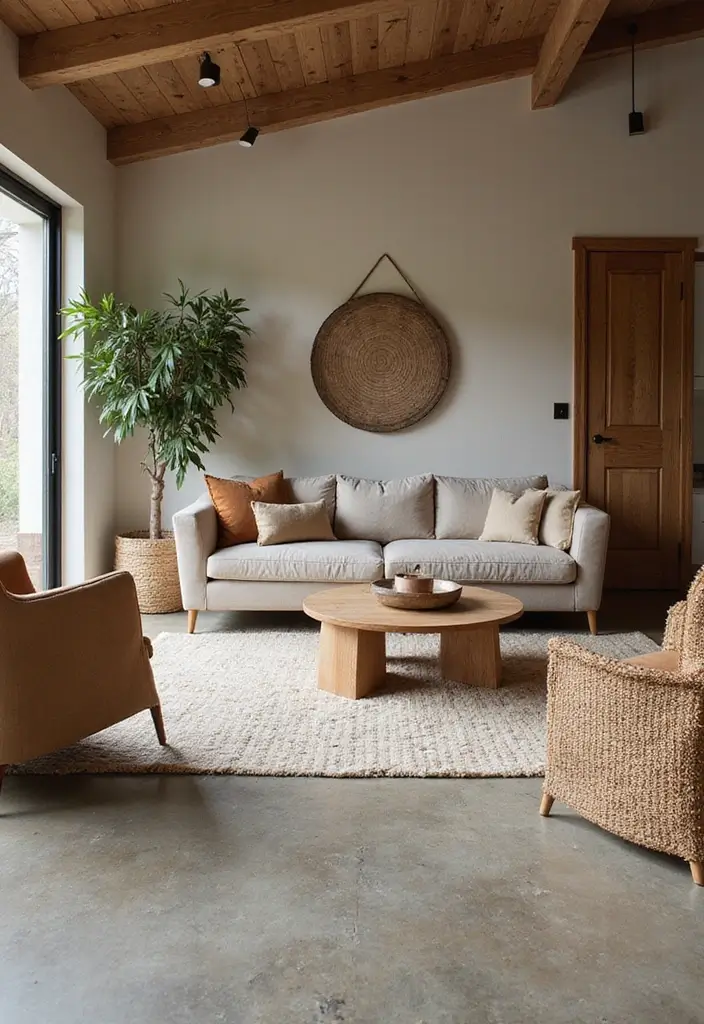 29 Stained Concrete Floors Living Room Ideas That Add Industrial Charm - 10. Sustainable Wood and Concrete Fusion