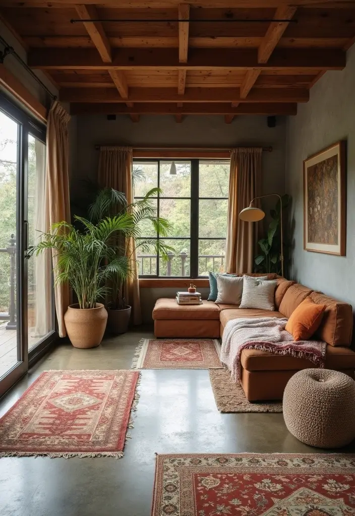 29 Stained Concrete Floors Living Room Ideas That Add Industrial Charm - 11. Layering Textiles Over Concrete