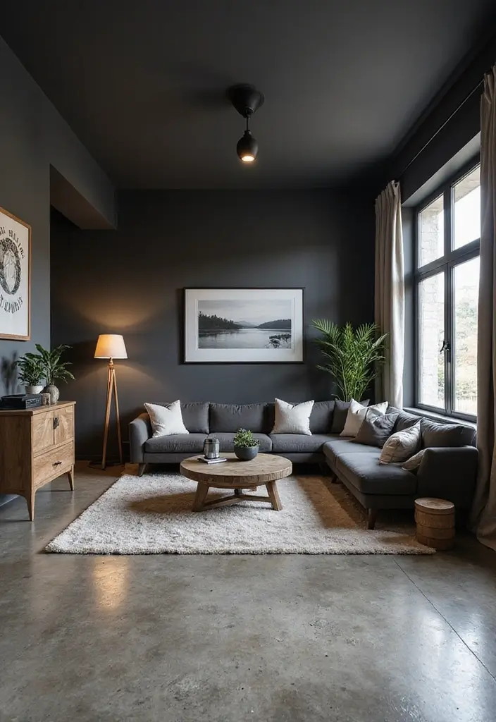29 Stained Concrete Floors Living Room Ideas That Add Industrial Charm - 12. Contrast with Dark Furniture