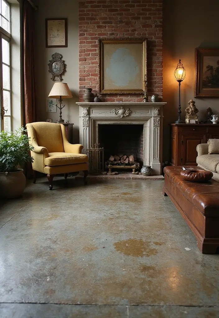 29 Stained Concrete Floors Living Room Ideas That Add Industrial Charm - 14. Vintage Vibes with Patina Finishes