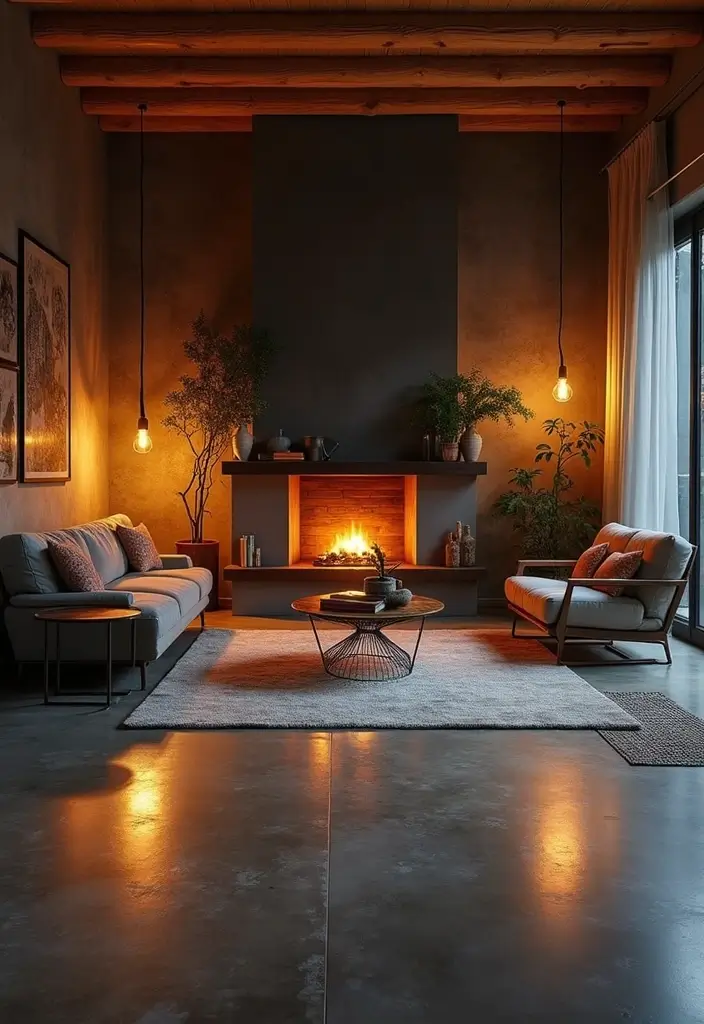 29 Stained Concrete Floors Living Room Ideas That Add Industrial Charm - 16. Dramatic Lighting Enhancements