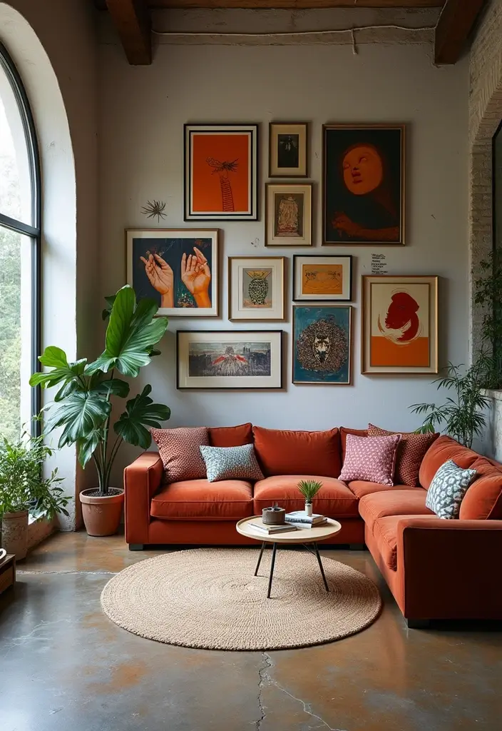 29 Stained Concrete Floors Living Room Ideas That Add Industrial Charm - 17. Artful Wall Displays