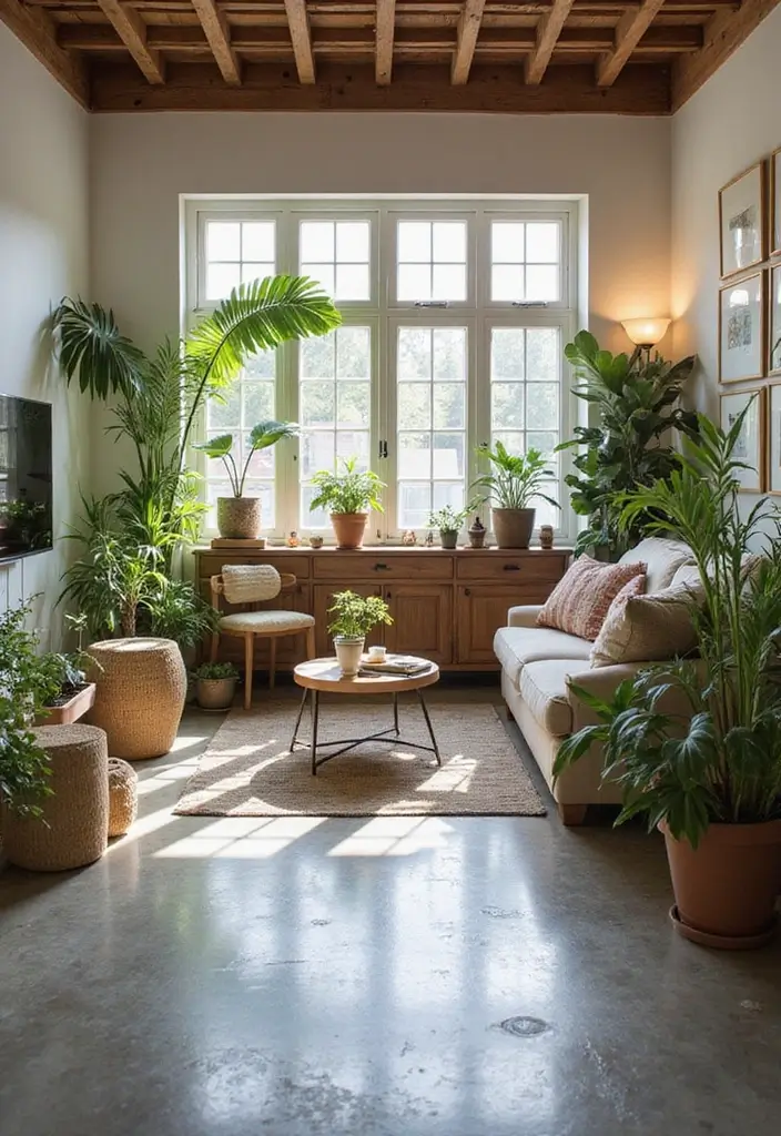 29 Stained Concrete Floors Living Room Ideas That Add Industrial Charm - 18. Eco-Friendly Decor Choices