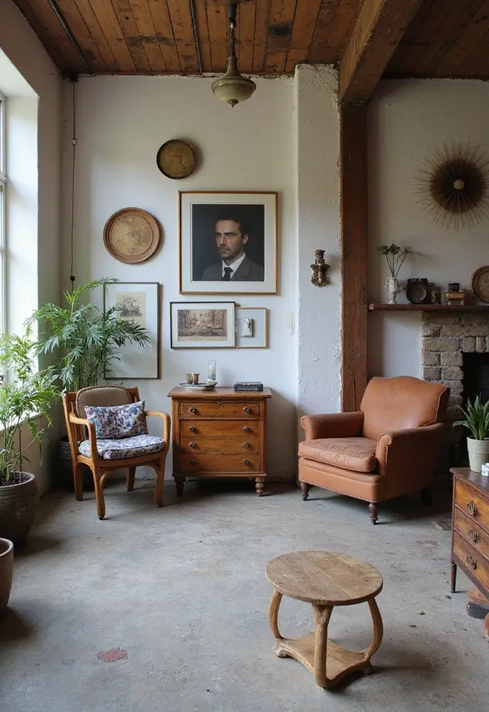 29 Stained Concrete Floors Living Room Ideas That Add Industrial Charm - 19. Incorporating Vintage Finds