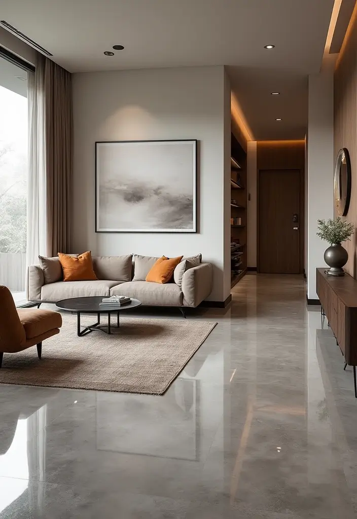 29 Stained Concrete Floors Living Room Ideas That Add Industrial Charm - 2. Glossy Finishes for Modern Elegance