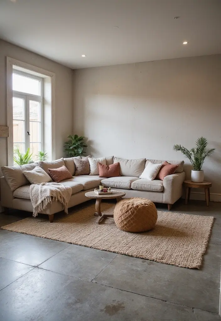 29 Stained Concrete Floors Living Room Ideas That Add Industrial Charm - 20. Soft Accents and Accessories
