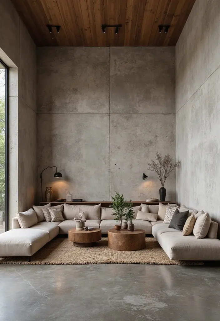 29 Stained Concrete Floors Living Room Ideas That Add Industrial Charm - 21. Textured Wall Treatments