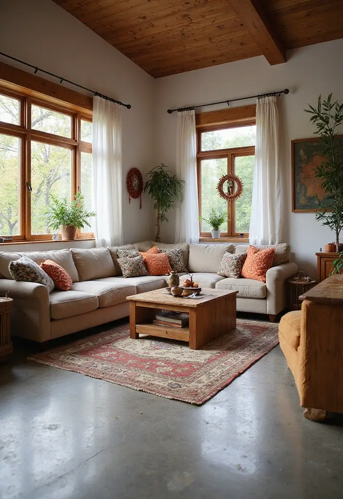 29 Stained Concrete Floors Living Room Ideas That Add Industrial Charm - 22. Seasonal Decor Switch-Ups