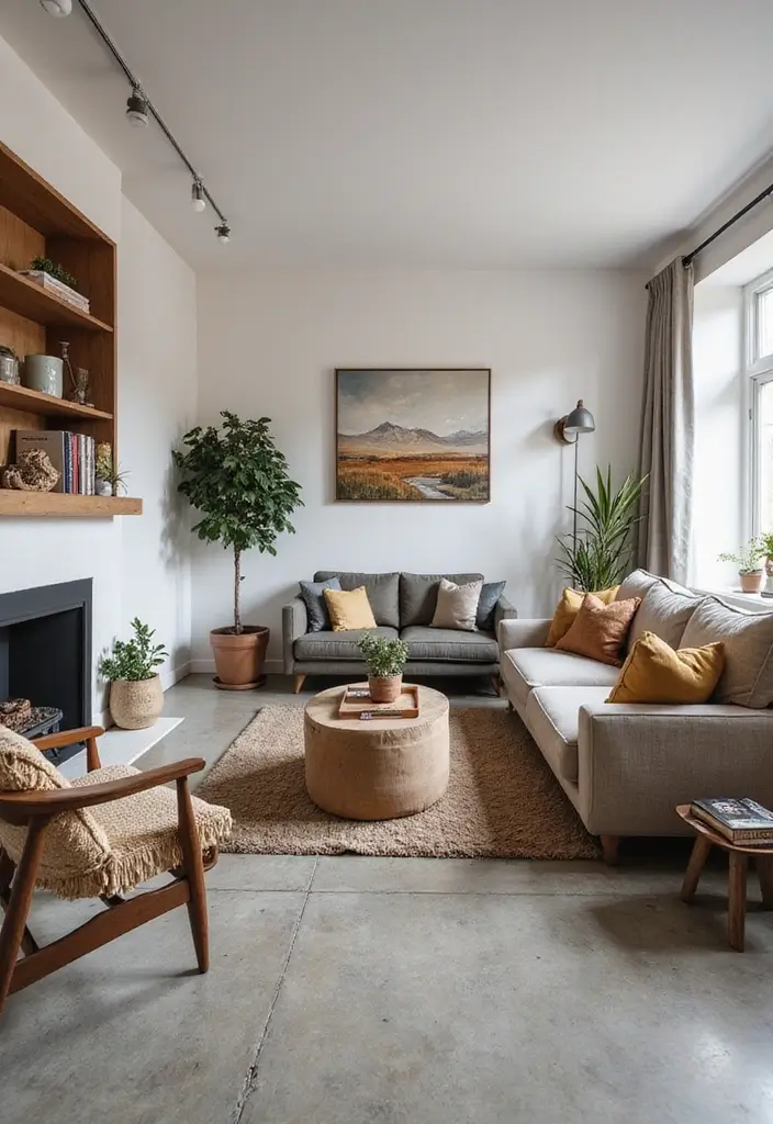 29 Stained Concrete Floors Living Room Ideas That Add Industrial Charm - 23. Blending Styles with Concrete