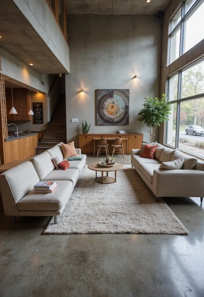 29 Stained Concrete Floors Living Room Ideas That Add Industrial Charm - 26. Innovative Furniture Arrangements
