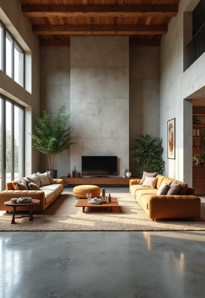 29 Stained Concrete Floors Living Room Ideas That Add Industrial Charm - 27. Emphasizing Volume with Tall Furniture