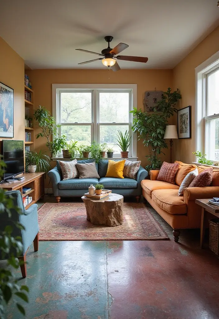 29 Stained Concrete Floors Living Room Ideas That Add Industrial Charm - 28. Harmonizing with Color Accents