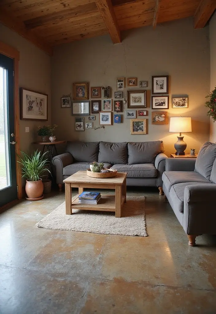 29 Stained Concrete Floors Living Room Ideas That Add Industrial Charm - 29. Personal Touches with Family Memories