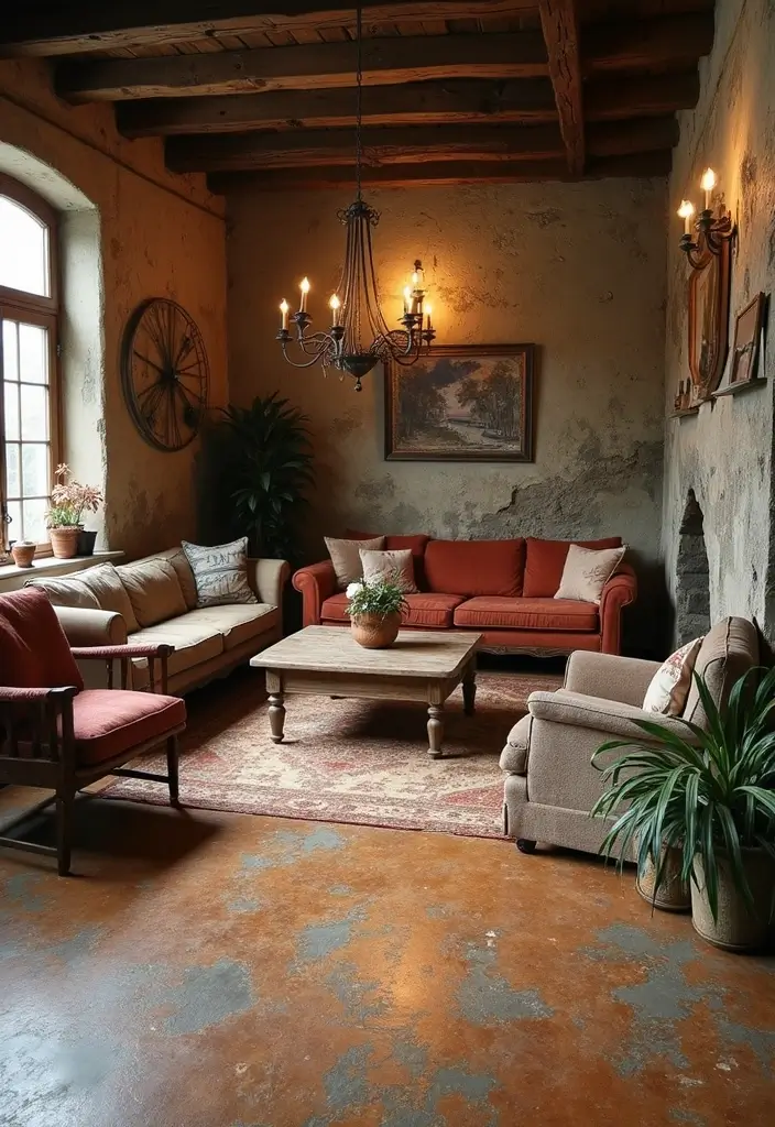 29 Stained Concrete Floors Living Room Ideas That Add Industrial Charm - 3. Rustic Charm with Textured Finishes