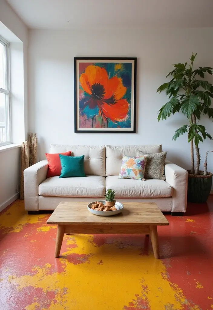 29 Stained Concrete Floors Living Room Ideas That Add Industrial Charm - 4. Bold Color Choices for a Statement Look