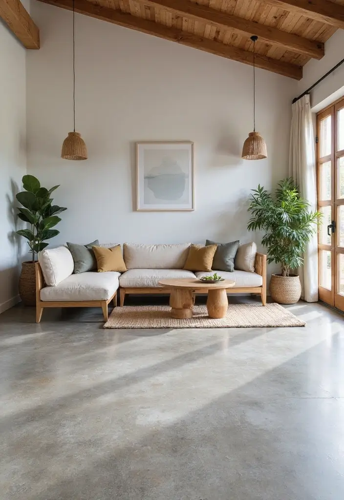 29 Stained Concrete Floors Living Room Ideas That Add Industrial Charm - 5. Nature-Inspired Designs