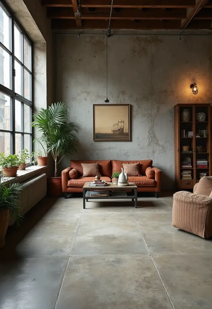 29 Stained Concrete Floors Living Room Ideas That Add Industrial Charm - 6. Industrial-Style Appeal