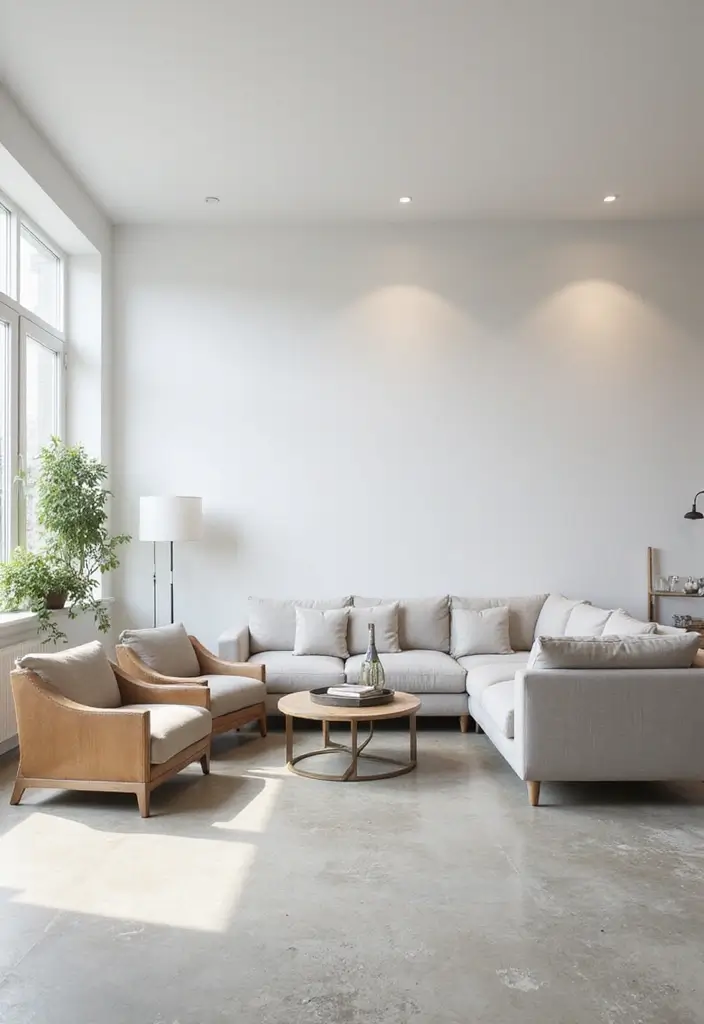 29 Stained Concrete Floors Living Room Ideas That Add Industrial Charm - 7. Minimalism Meets Concrete