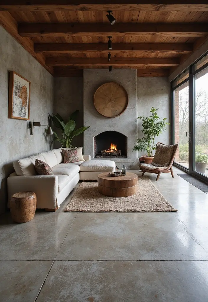 29 Stained Concrete Floors Living Room Ideas That Add Industrial Charm - 8. Mixing Materials for Visual Interest