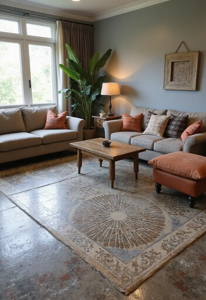 29 Stained Concrete Floors Living Room Ideas That Add Industrial Charm - 9. Patterns and Designs within Concrete