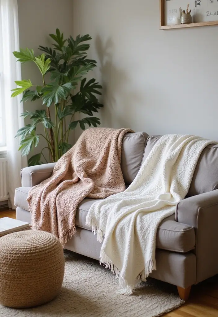 29 White and Grey Living Room Ideas That Look Clean and Modern - 11. Cozy Throw Blankets
