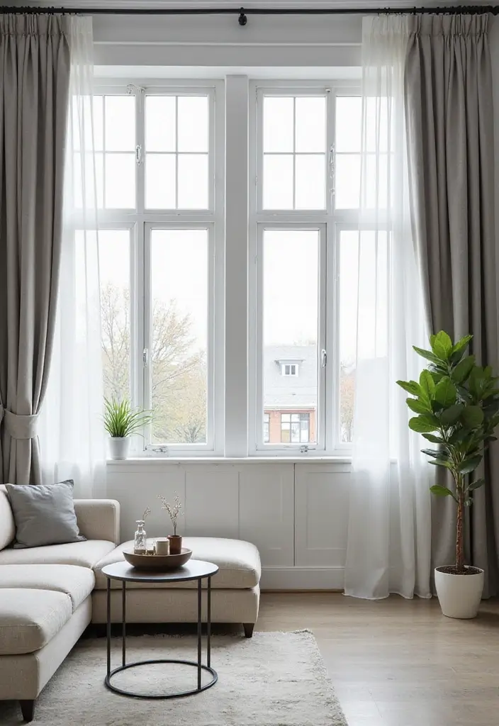 29 White and Grey Living Room Ideas That Look Clean and Modern - 14. Elegant Curtains
